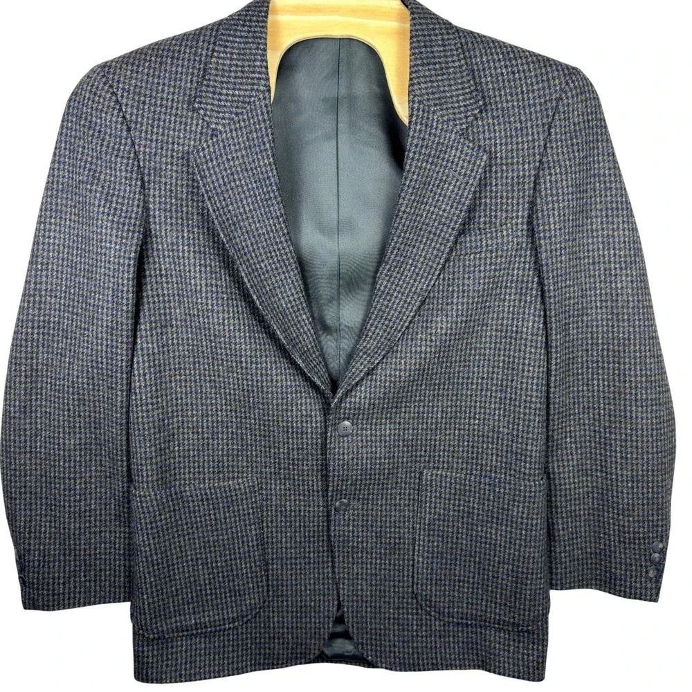 VINTAGE Woolrich Blazer Mens Medium Blue Grey‎ Houndstooth Wool Made InUSA